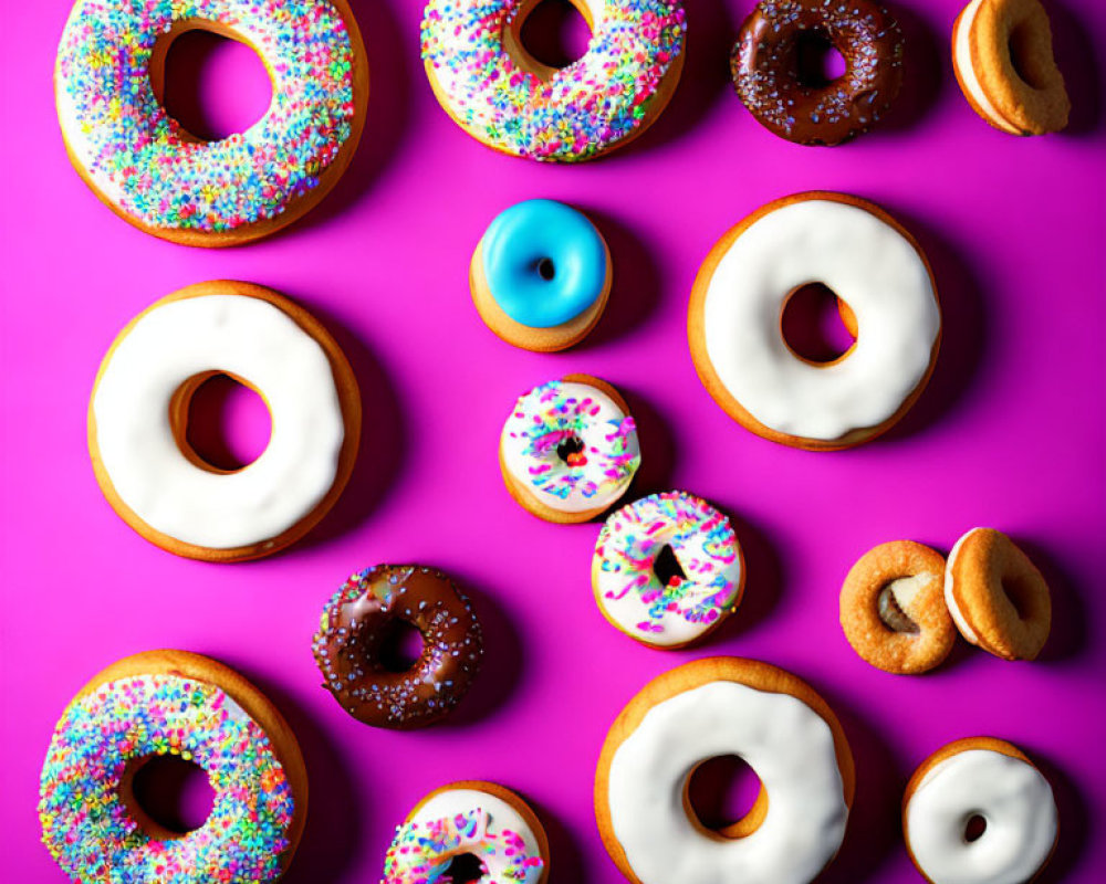 Colorful Assorted Donuts with Various Toppings on Pink Background