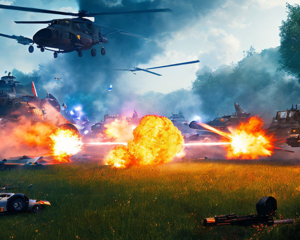 Military vehicles and helicopters in fiery battlefield scene.