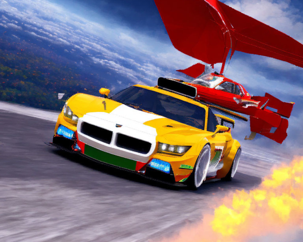 Yellow Racing Car with Flames and Spoiler on Track Under Cloudy Sky