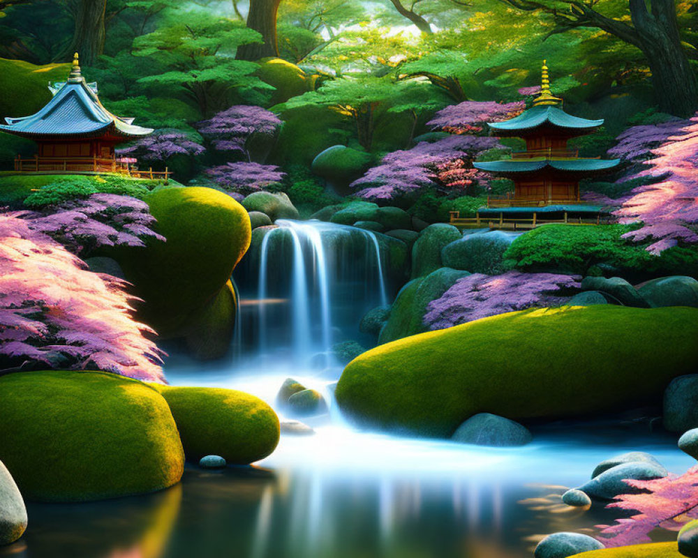 Tranquil Japanese Garden with Waterfall and Pagoda