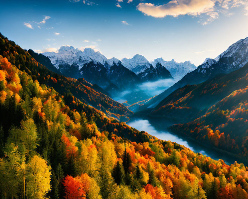 Colorful Autumn Forest with River and Snow-Capped Mountains