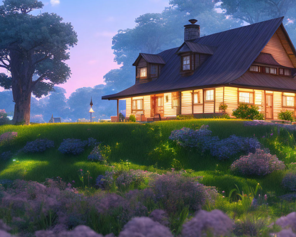 Tranquil landscape with illuminated house and purple flowers