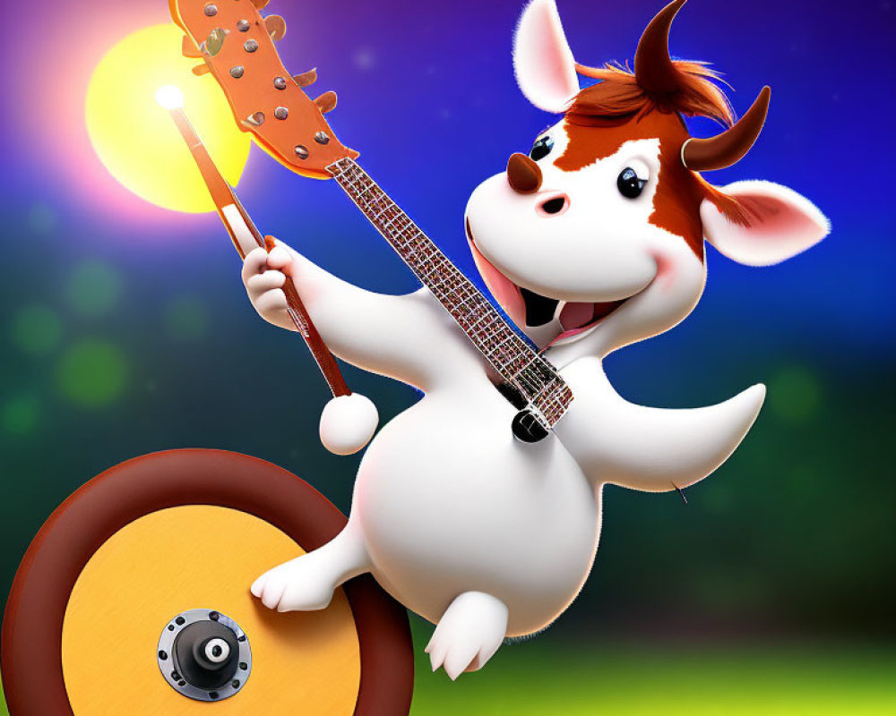 Joyful animated cow playing guitar with shield under bright night sky