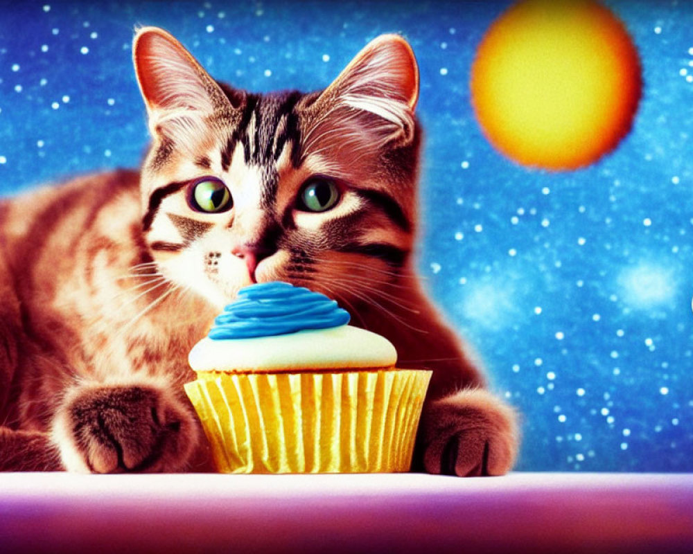 Tabby cat with whimsical expression and cupcake on cosmic starry background