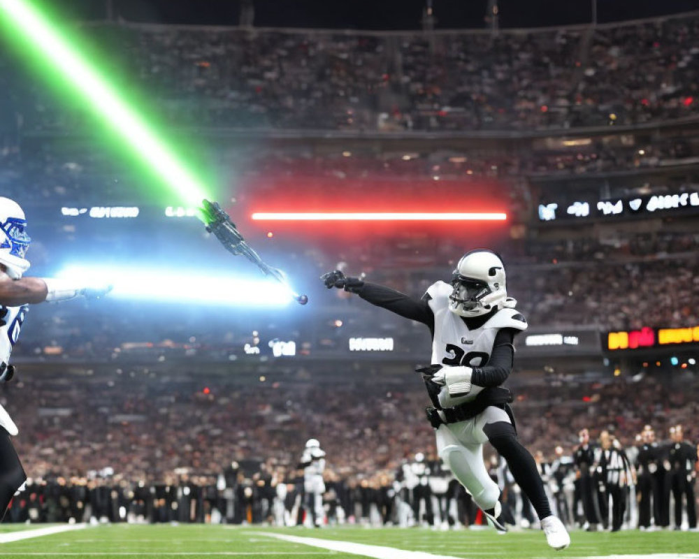 Football players in white and blue jerseys under stadium lights with laser beams.