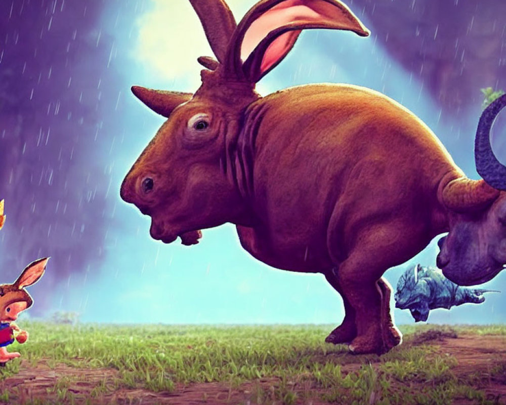 Cartoon rabbit with dinosaur features in rainy landscape with surprised creature