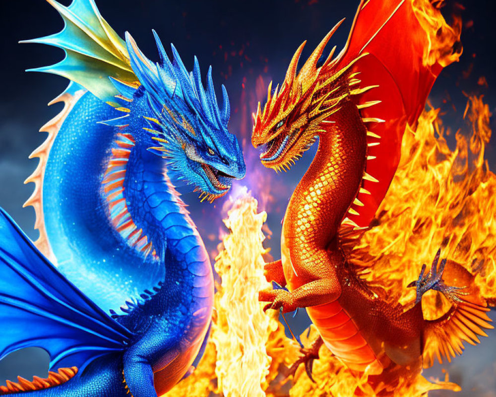 Vibrant blue and orange dragons clash in fiery stormy sky