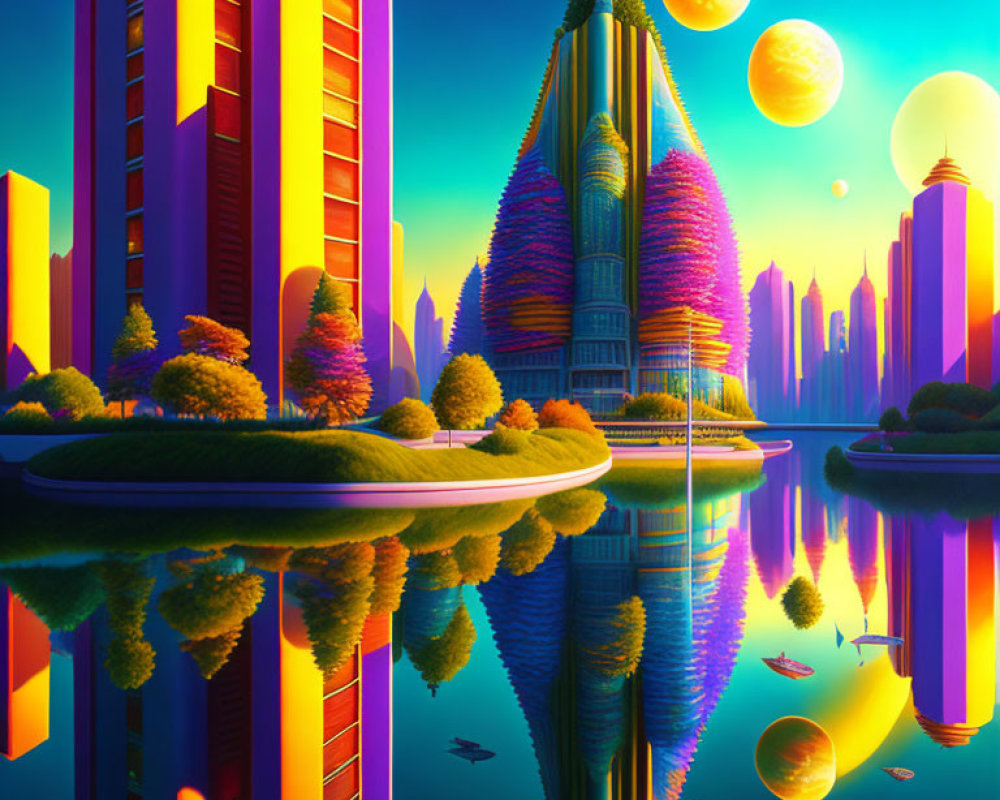 Futuristic cityscape with reflective skyscrapers near water under multiple moons