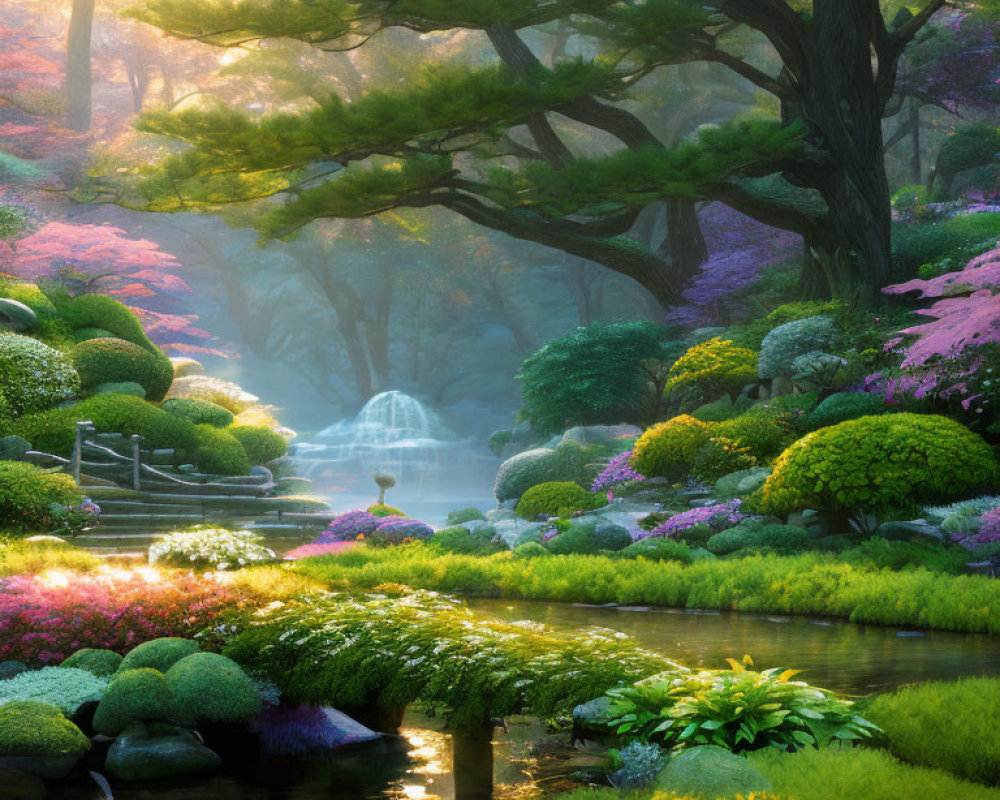 Lush garden with waterfall, vibrant flowers, and sunlight