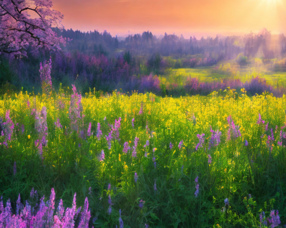 Tranquil sunrise scene with blooming field and mist