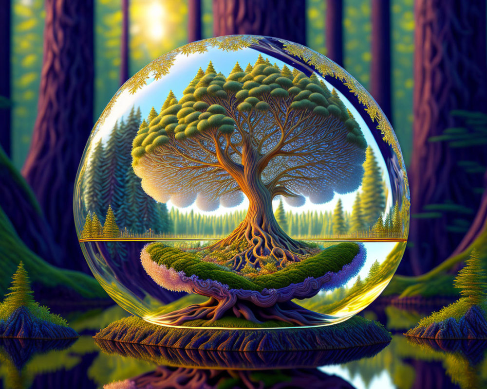 Colorful Tree in Transparent Sphere Reflecting in Water Against Forest Backdrop