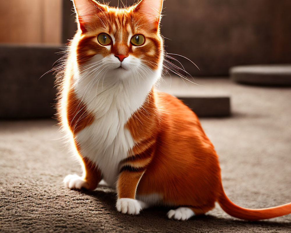 Orange and White Cat with Green Eyes on Carpeted Floor in Sunlight