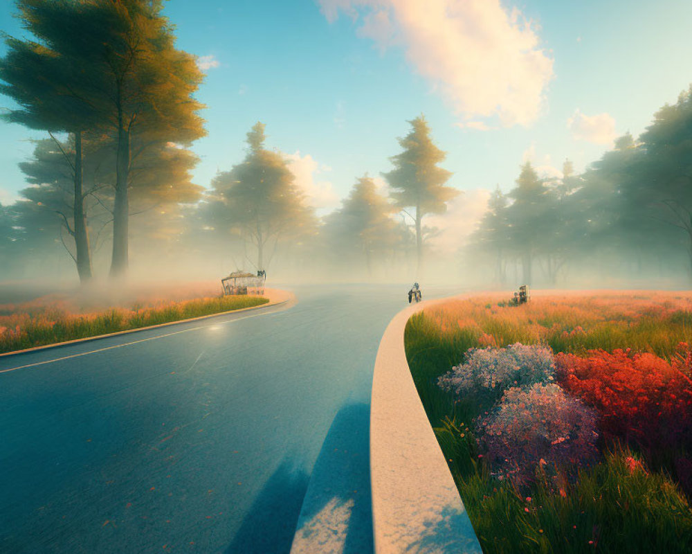 Cyclists on misty road amid wildflowers and trees