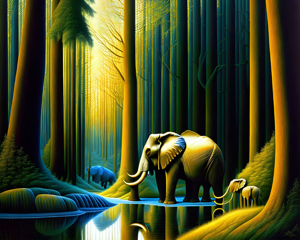 Illustration of elephants by river in luminous forest