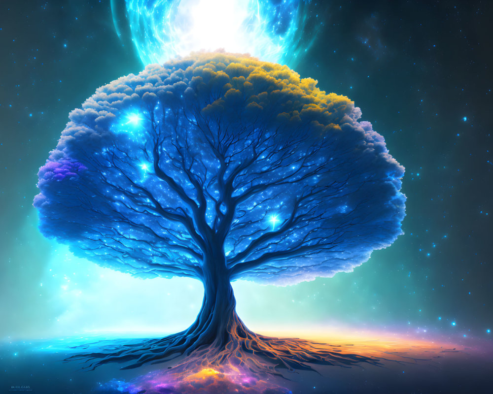 Majestic tree with blue foliage under star-filled sky and fiery roots