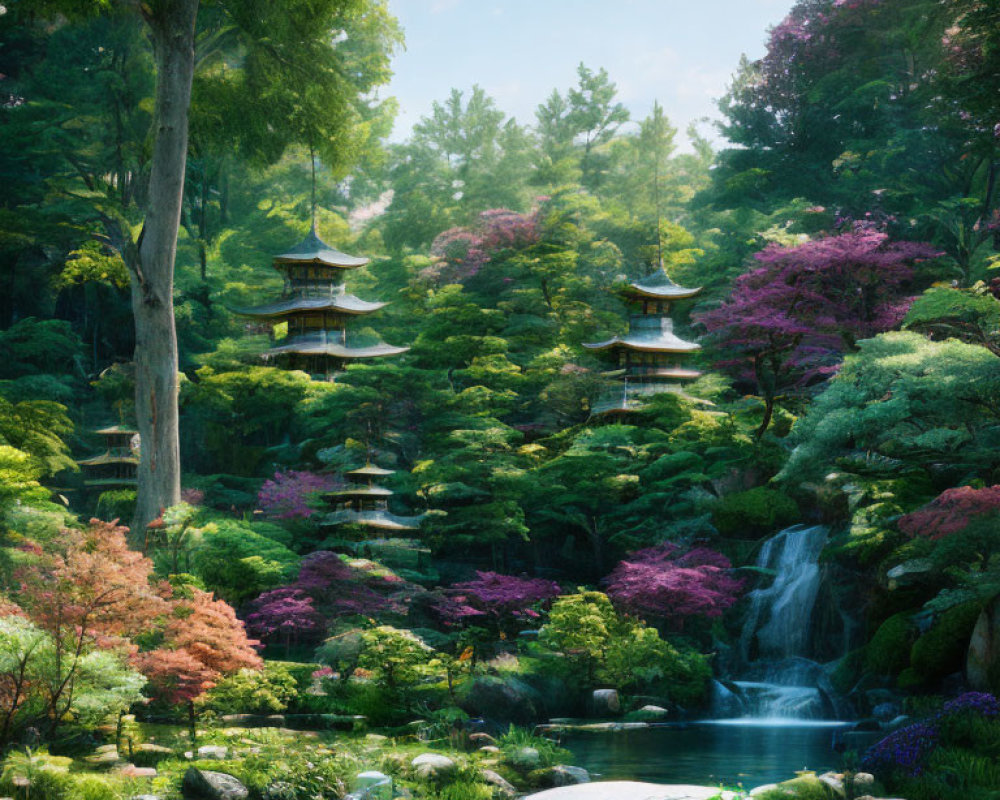 Tranquil Japanese Garden with Waterfall, Pagodas & Pond