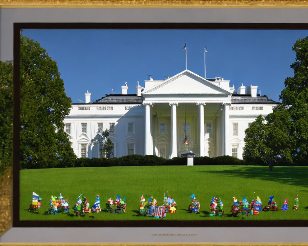 White House with Colorful Garden Gnomes on Sunny Day