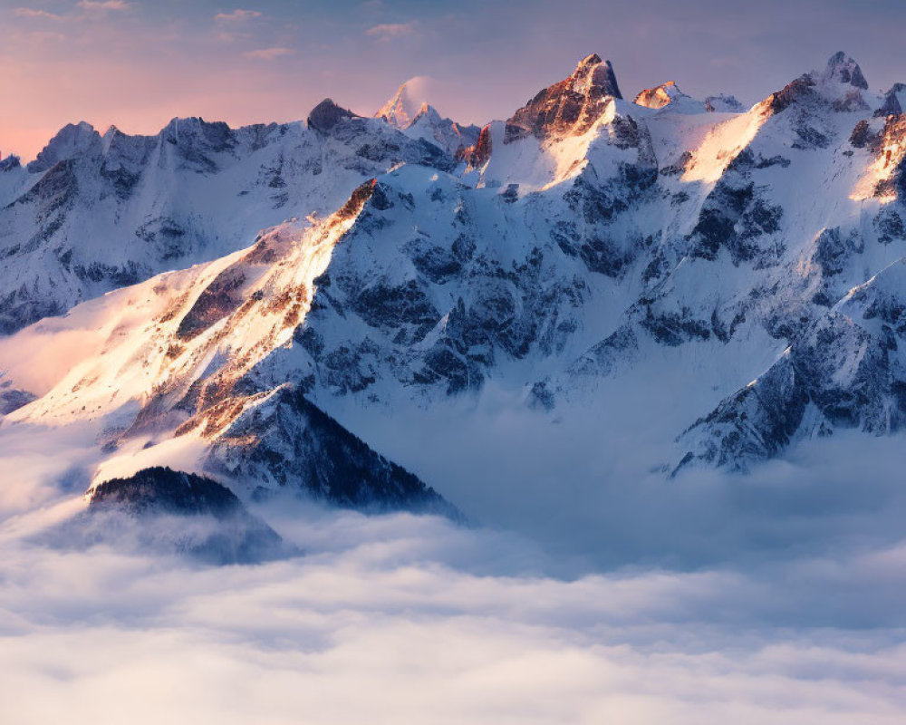 Sunrise Light on Snow-Capped Mountain Peaks and Low Clouds