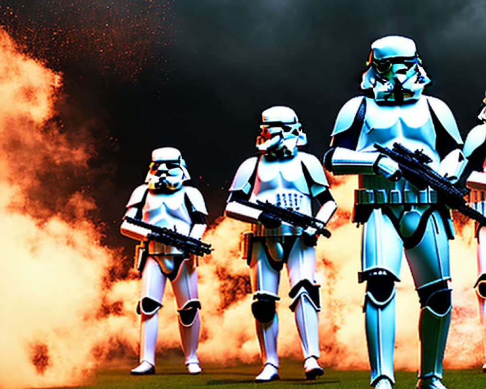 Stormtroopers on grassy field under dark, cloudy sky