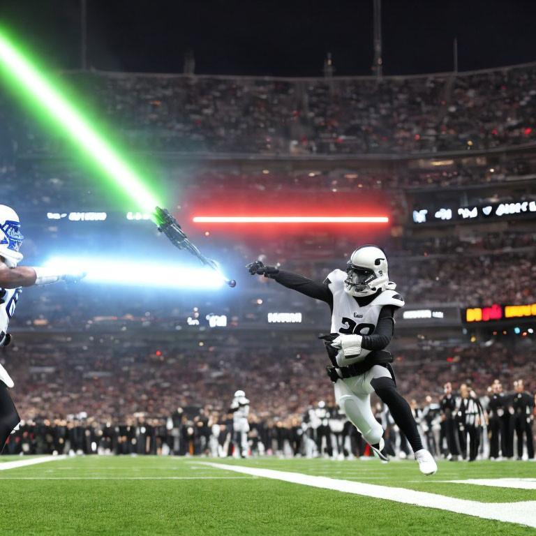 Football players in white and blue jerseys under stadium lights with laser beams.