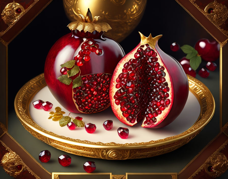 Luxurious still life of ripe pomegranates on ornate golden plate