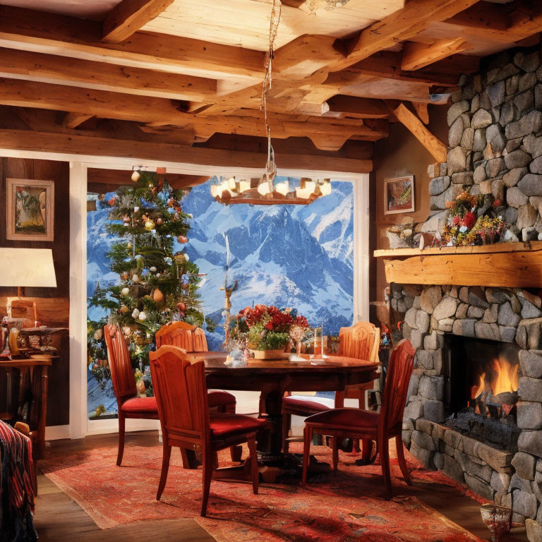 Rustic mountain lodge dining room with fireplace, Christmas tree, and snowy view