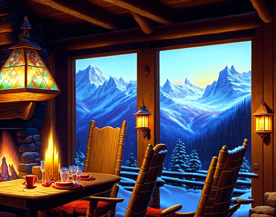 Snowy mountain view from cabin interior with fireplace