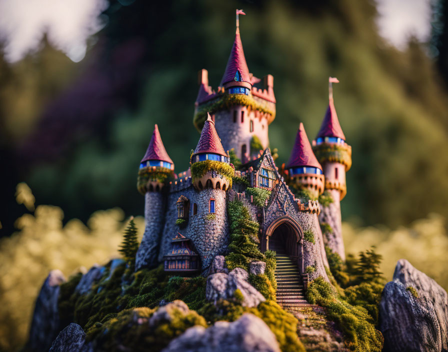 Miniature fairytale castle in lush green forest scenery