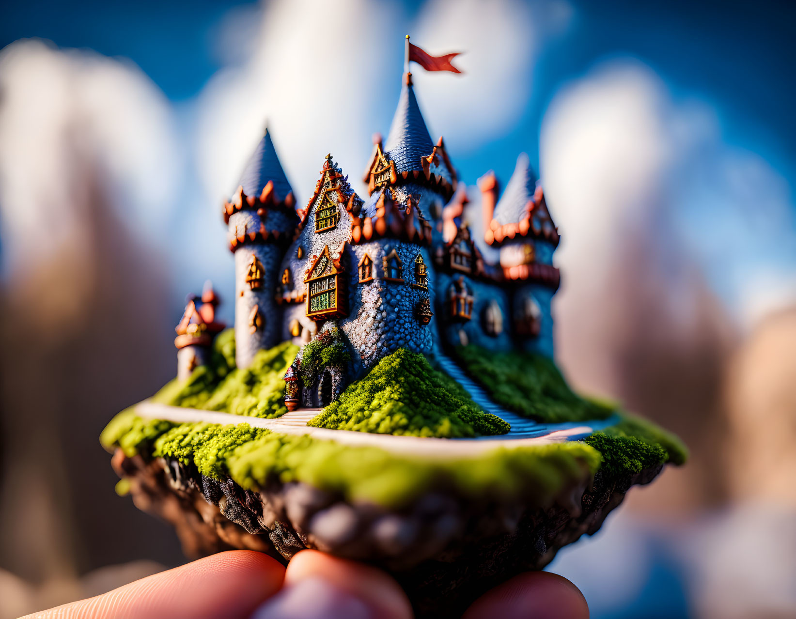 Miniature fairy-tale castle with detailed stonework and greenery in hand