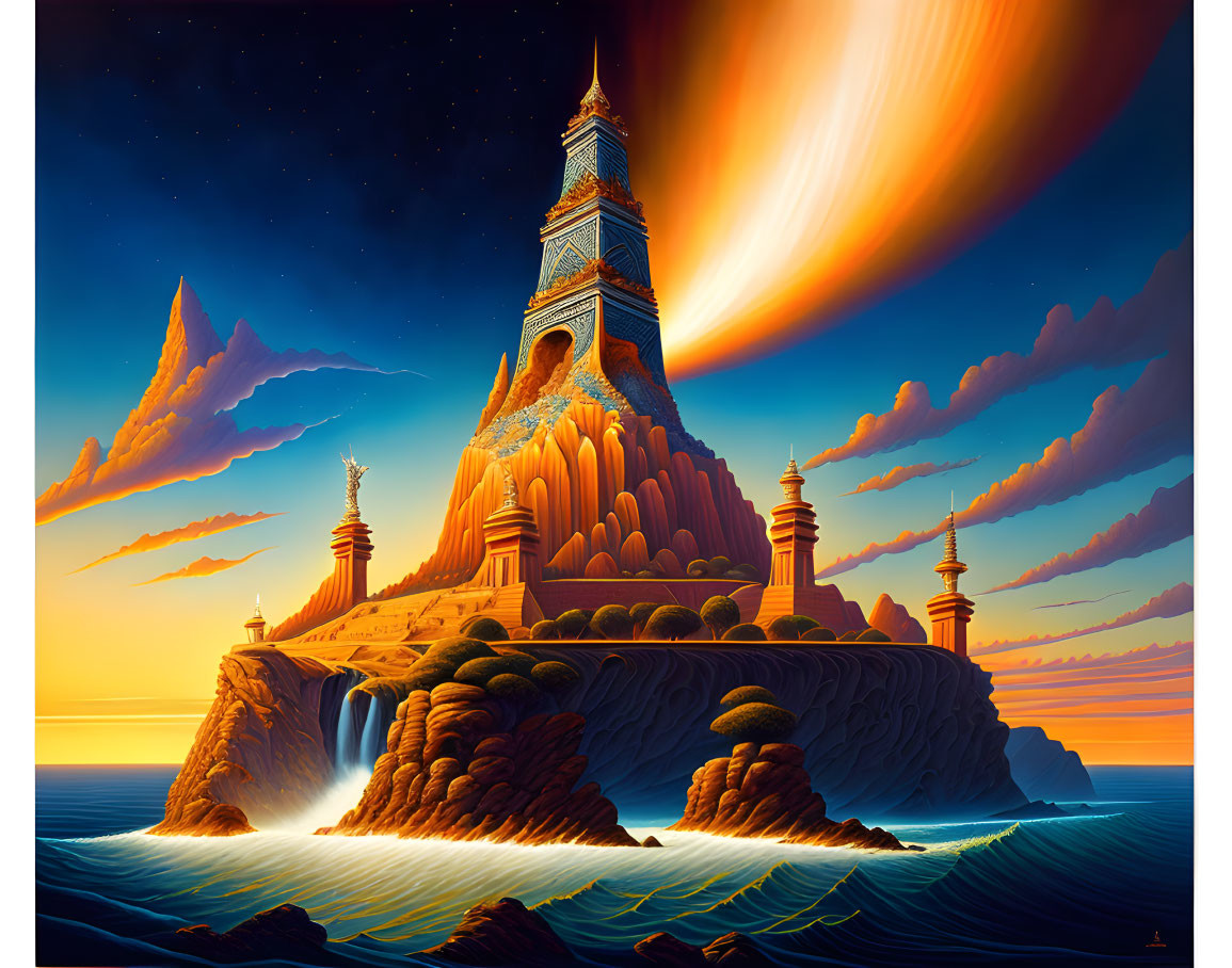 Fantastical landscape with ornate lighthouse on cliff in digital artwork