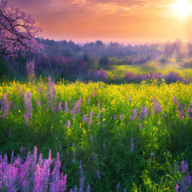 Tranquil sunrise scene with blooming field and mist