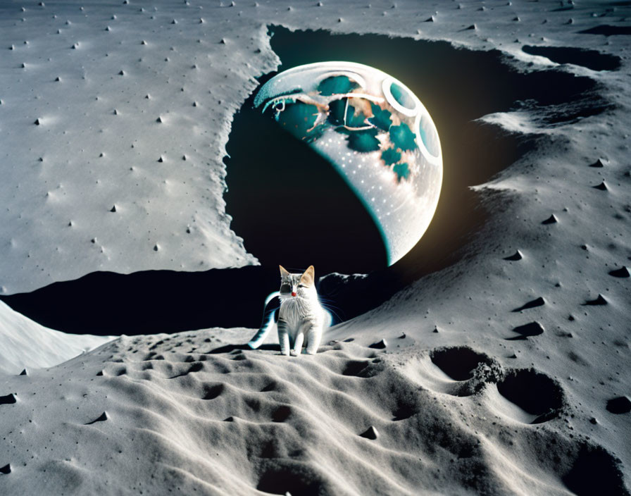 Cat on lunar surface with large Earth and starry sky.