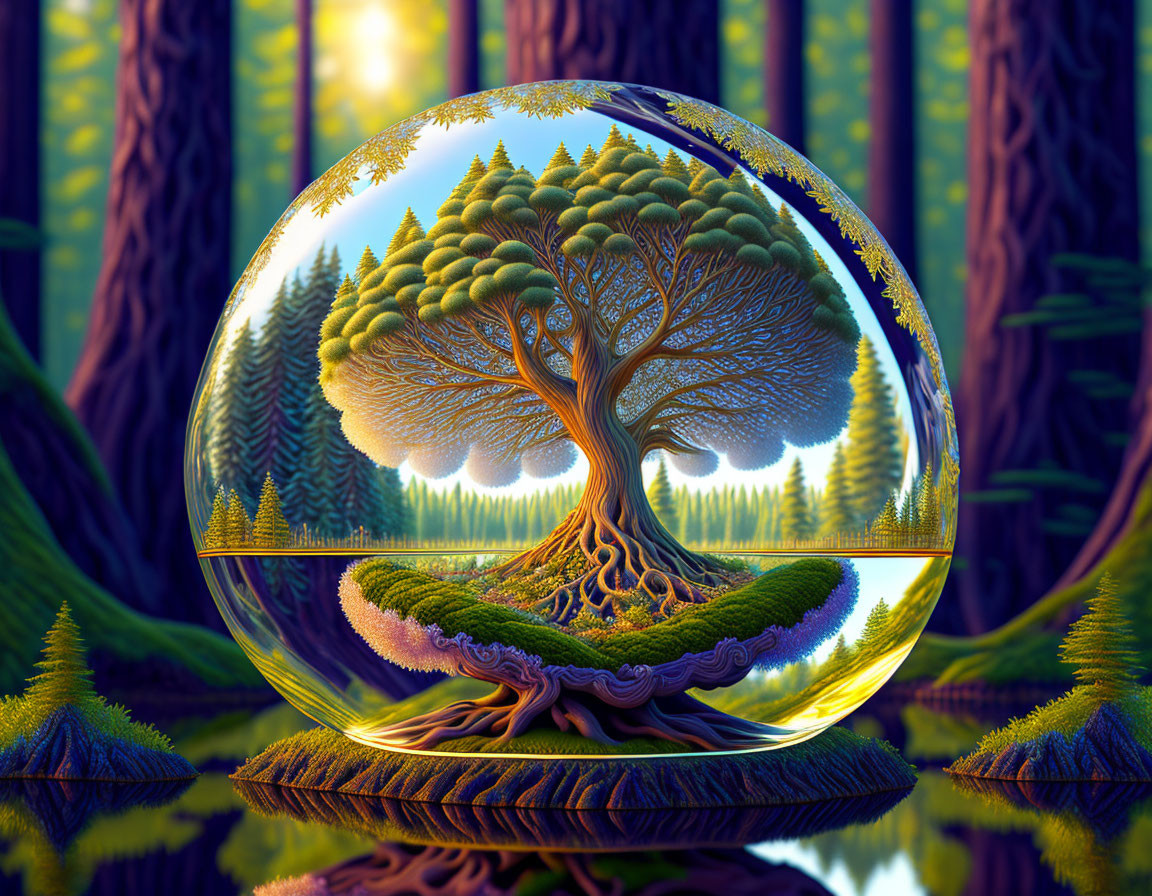 Colorful Tree in Transparent Sphere Reflecting in Water Against Forest Backdrop