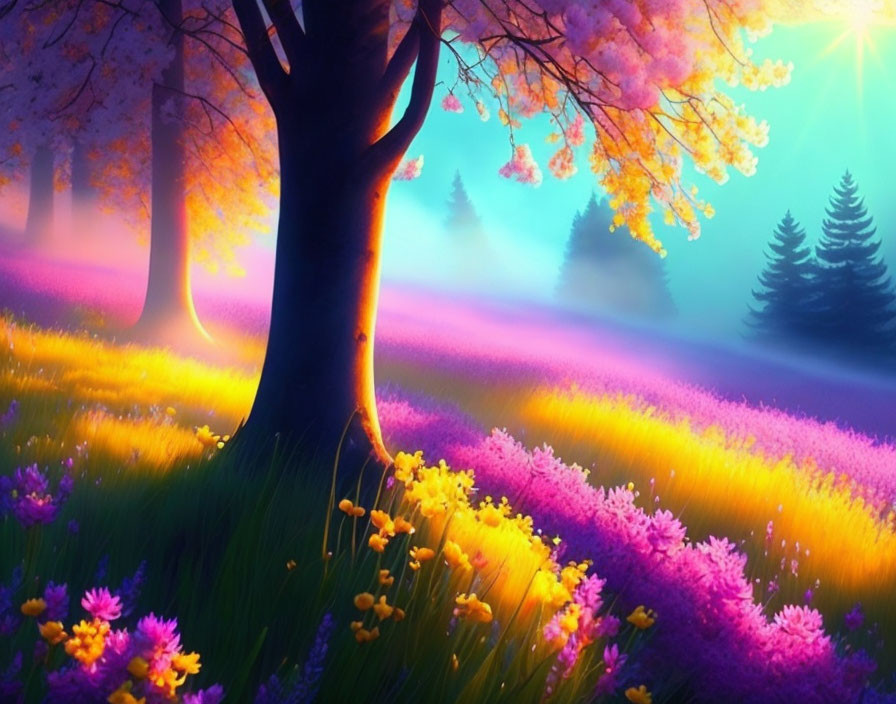 Colorful blooming tree in mystical fantasy landscape