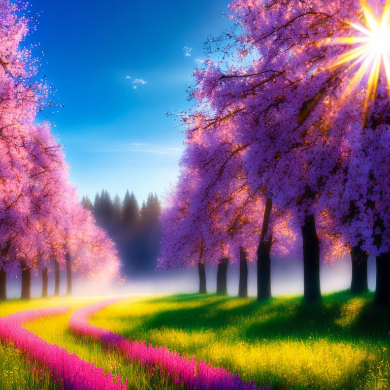 Bright cherry blossoms and wildflowers under the sun in a mystical forest scene