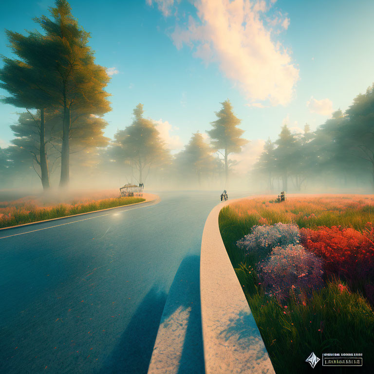 Cyclists on misty road amid wildflowers and trees