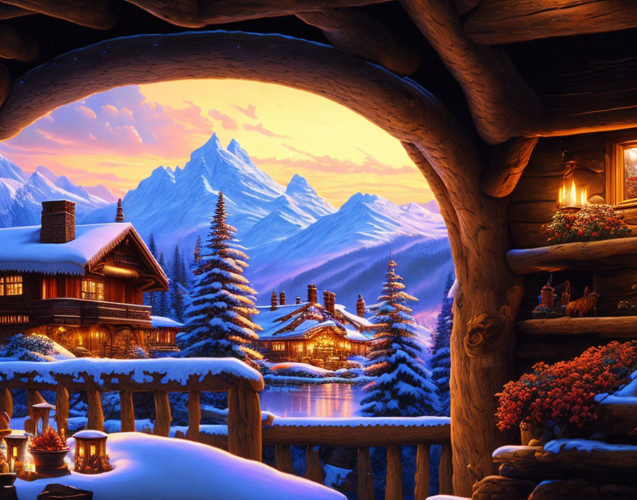 Snow-covered village at twilight with cozy cabins and snowy pines viewed through cavernous arch