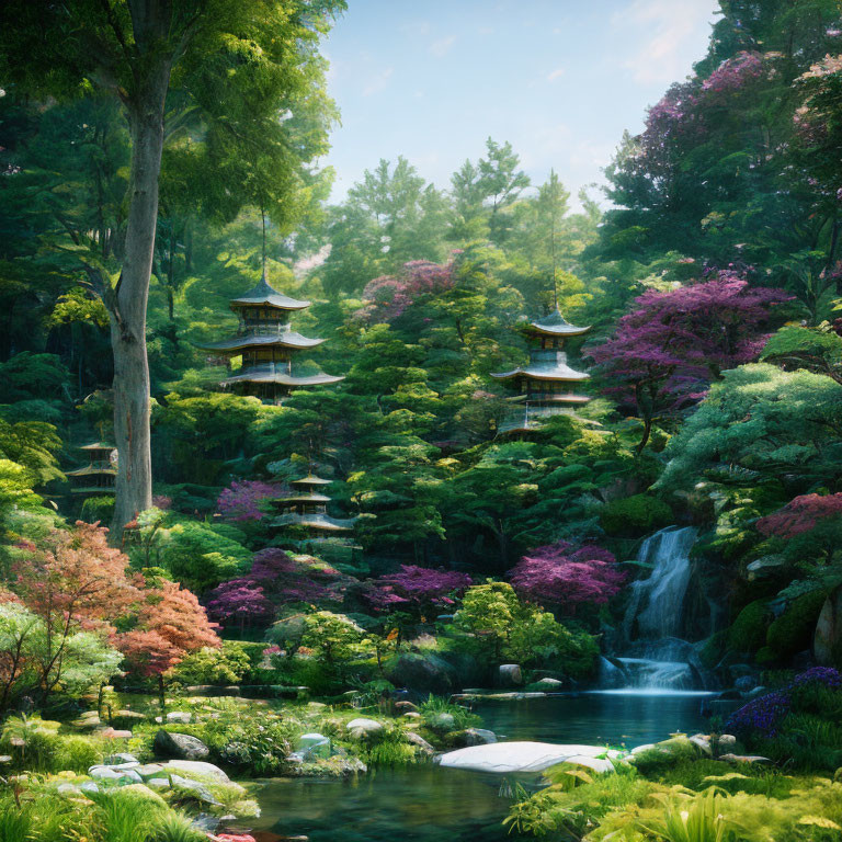 Tranquil Japanese Garden with Waterfall, Pagodas & Pond