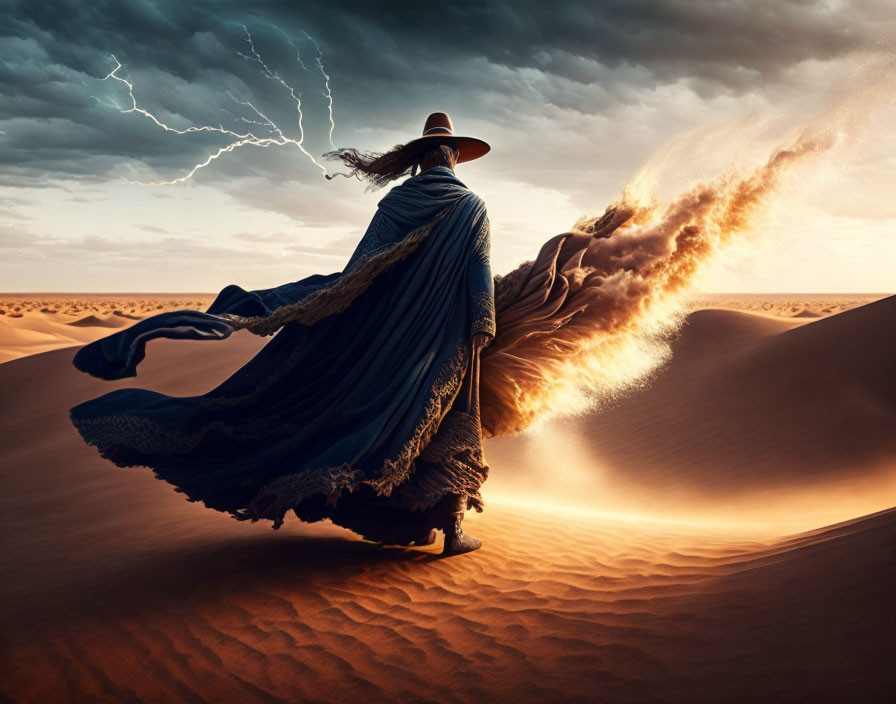 Figure in Wide-Brimmed Hat on Sand Dune under Stormy Sky