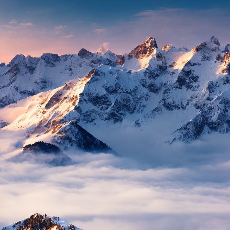 Sunrise Light on Snow-Capped Mountain Peaks and Low Clouds