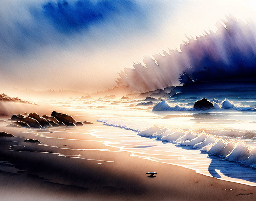 Serene beach at dusk watercolor painting with crashing waves and dark silhouettes