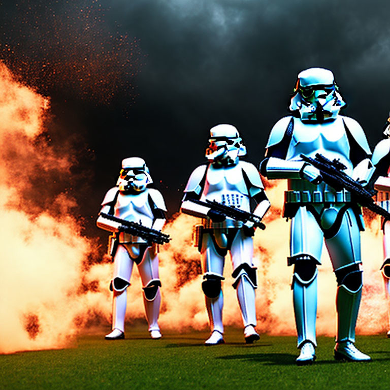 Stormtroopers on grassy field under dark, cloudy sky