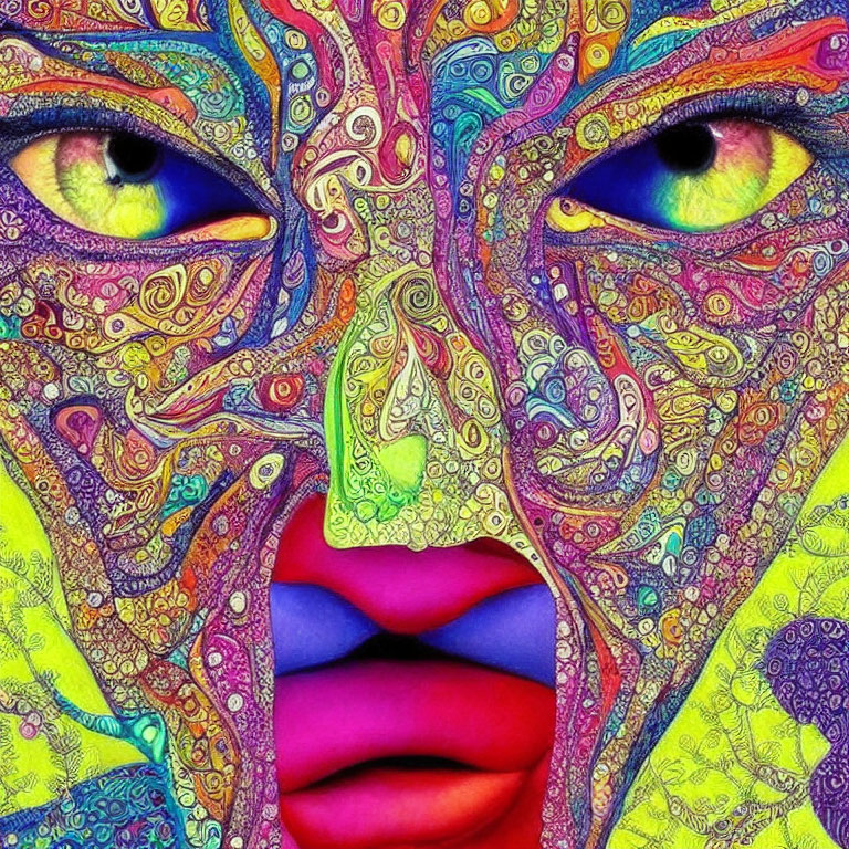 Colorful psychedelic face with intricate patterns and vibrant features.