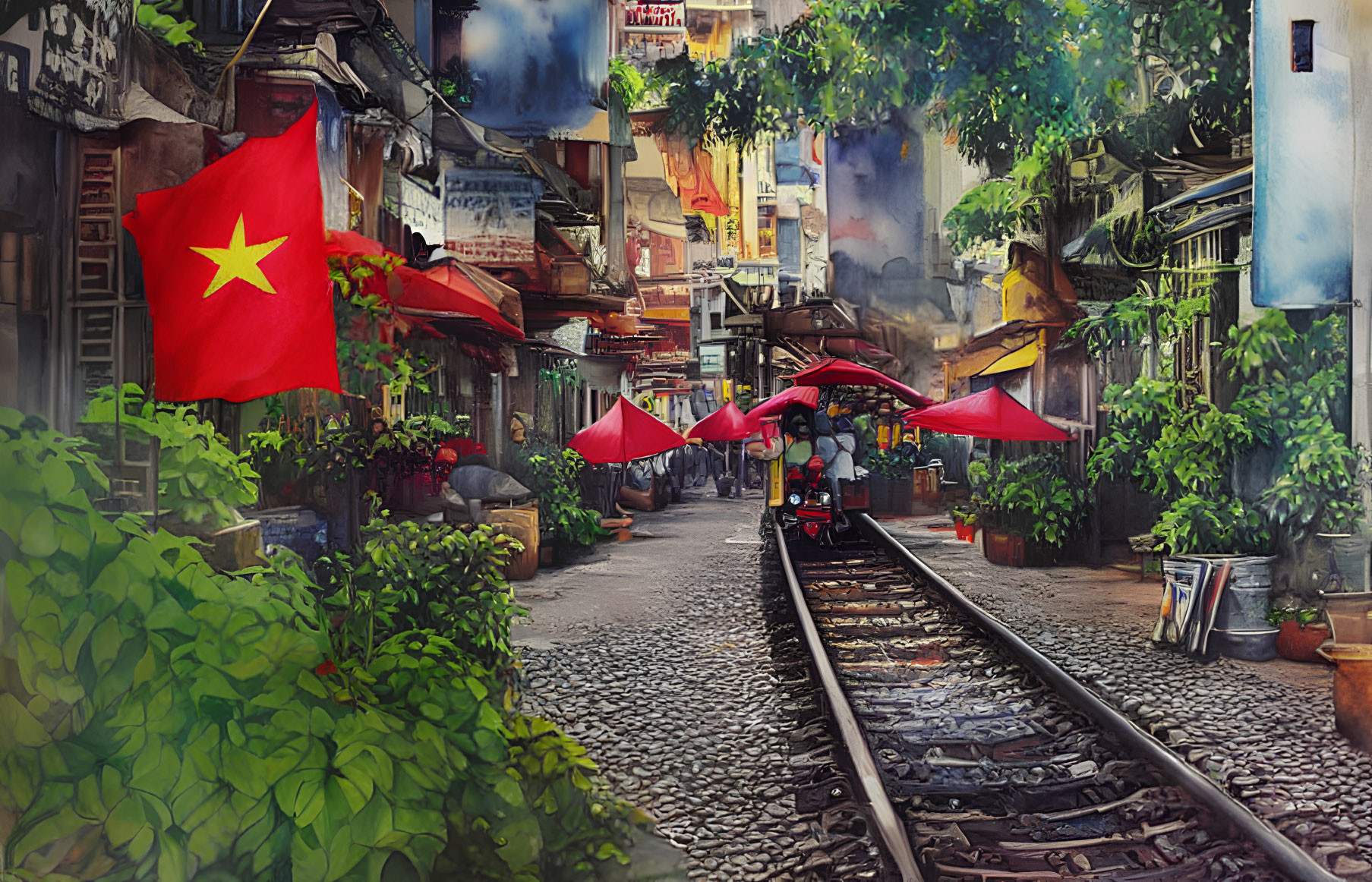 Vietnamese flag in vibrant street scene with cobblestone path, train tracks, red umbrellas,