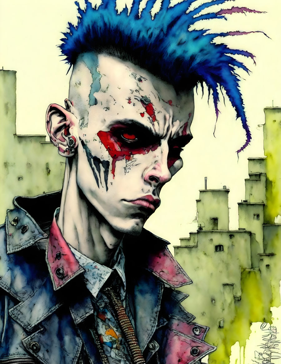 Stylized punk figure with spiked blue hair and cityscape background