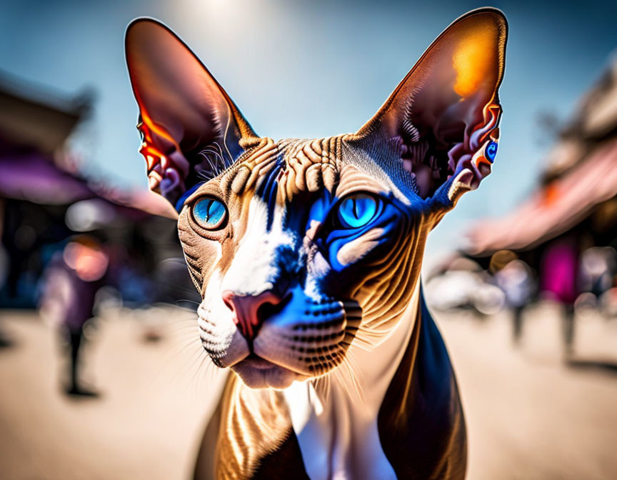 Striking blue-eyed Sphynx cat with large ears in urban setting