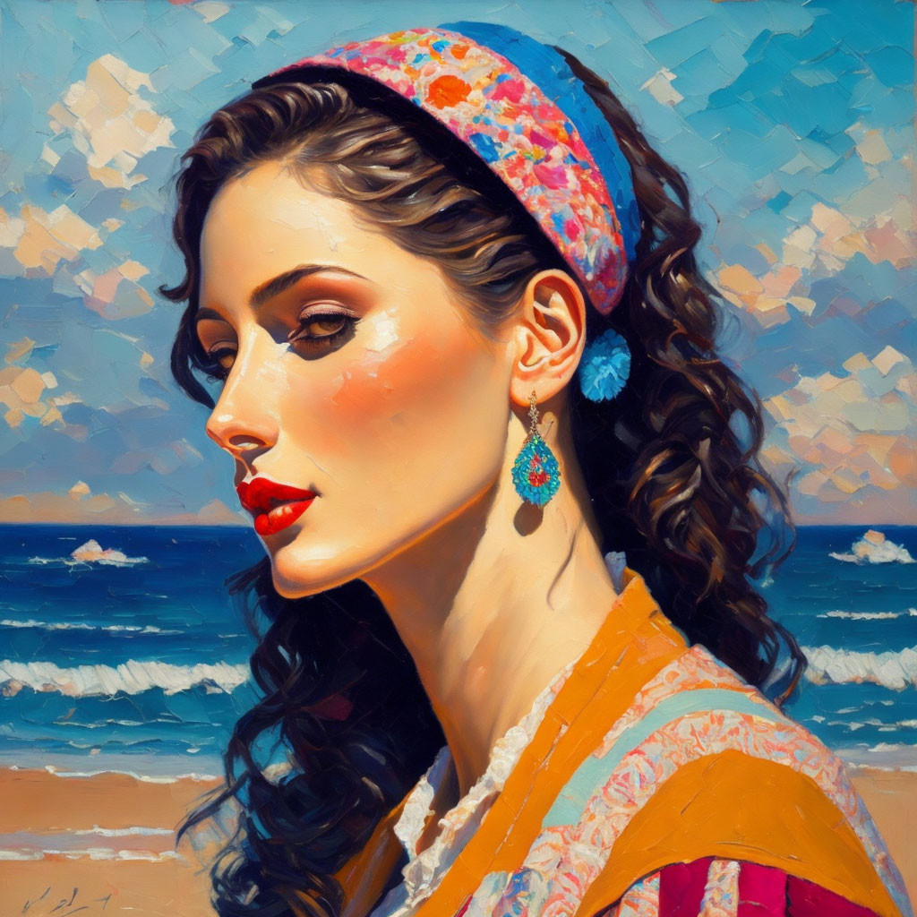 Colorful portrait of woman with headscarf against ocean backdrop