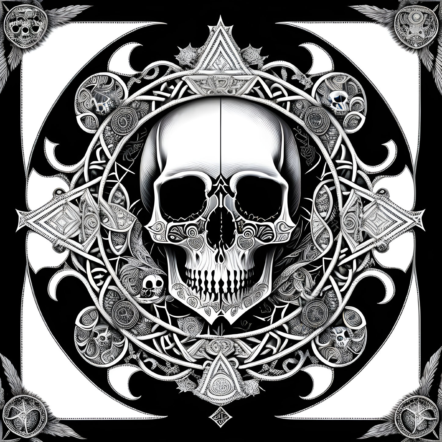 Detailed Black & White Skull Graphic Design with Ornate Patterns & Geometric Shapes