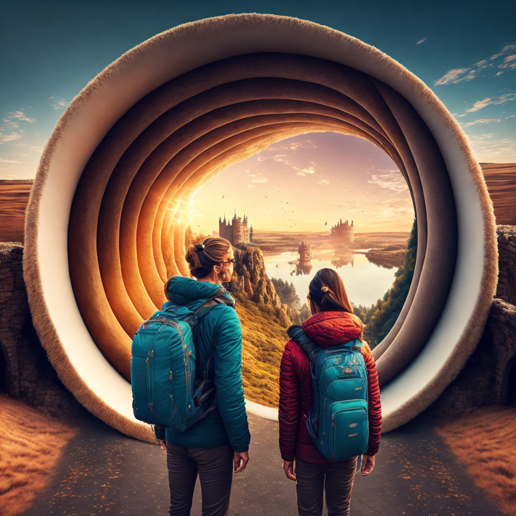 Backpackers in surreal landscape with castle at sunrise