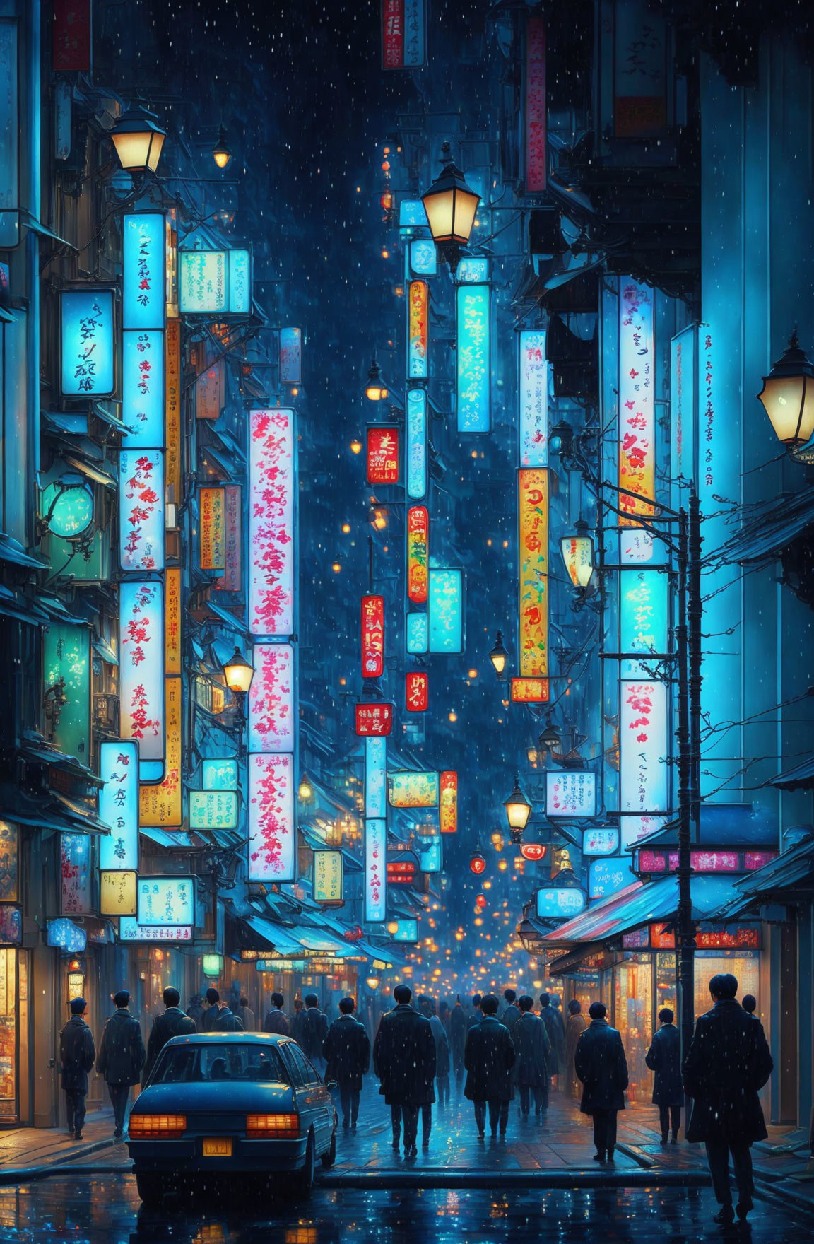 Vibrant city street at night with hanging lanterns, illuminated signs, falling snow, and pedestrians